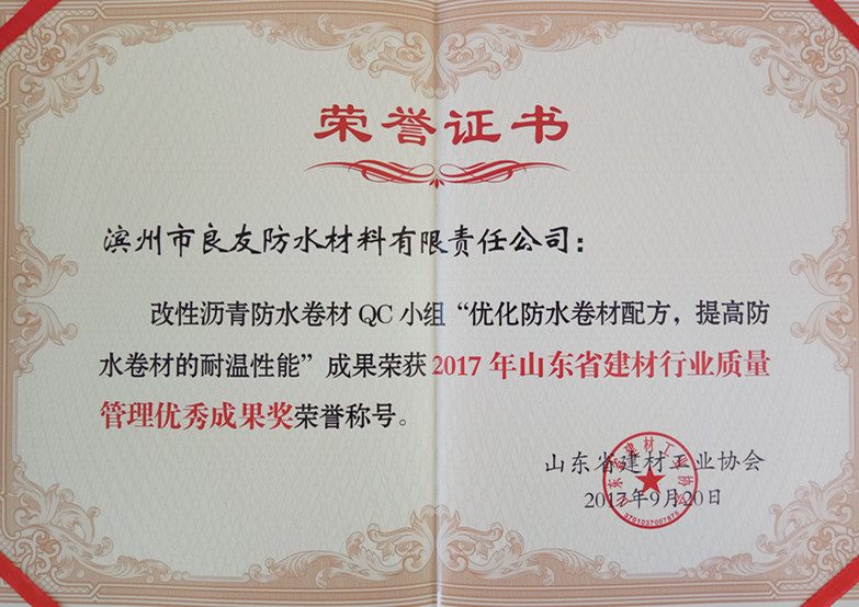 山东省建材行业质量管理优秀成果奖